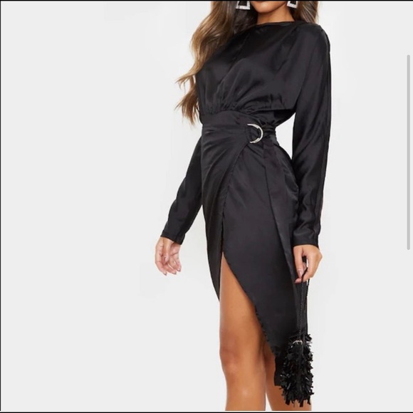 Pretty Little Thing Black Satin Wrap MIDI Dress (never worn) - Picture 2 of 7